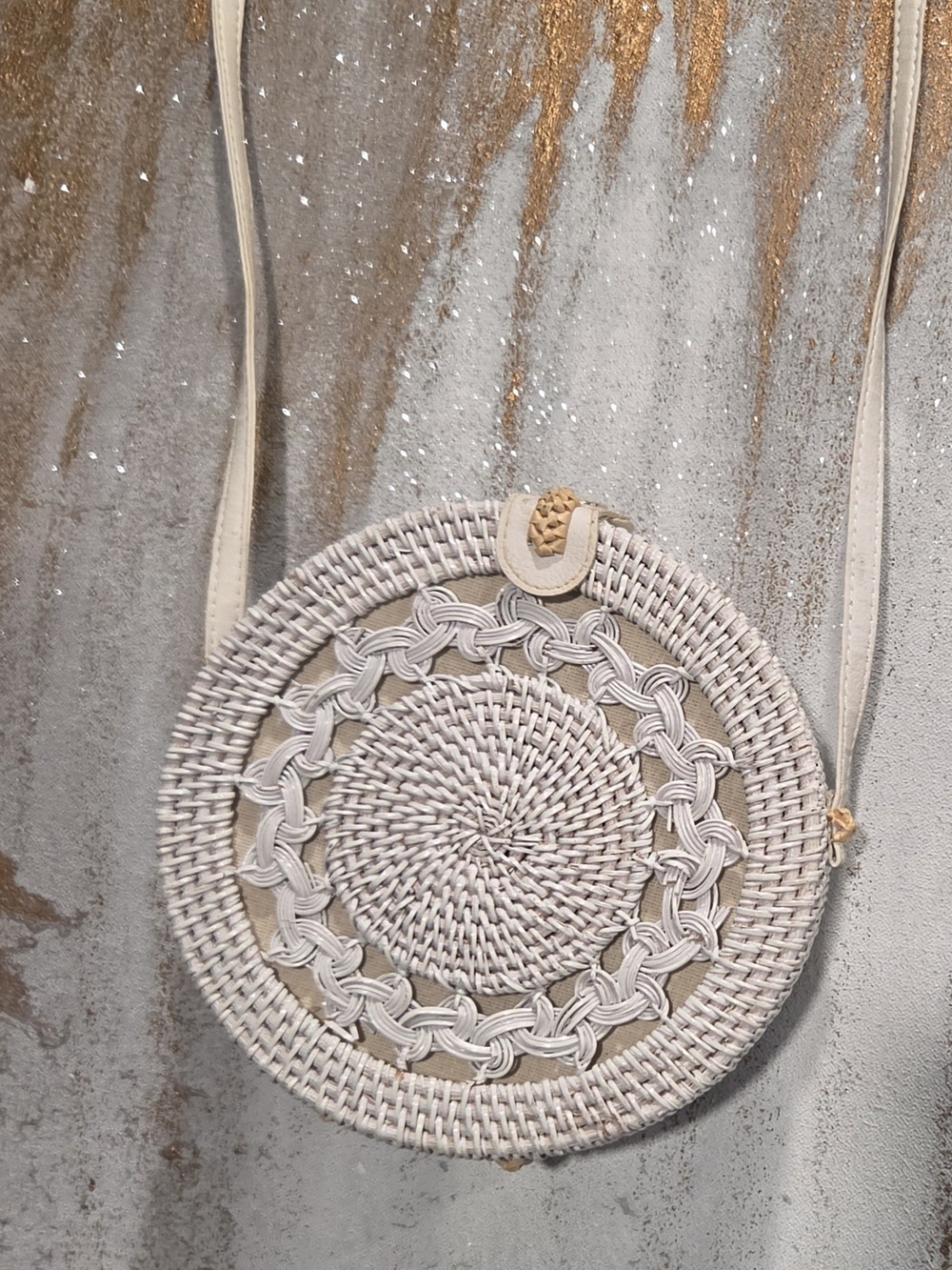 Round Wicker Crossbody Bag in Soft White w/ tan accents